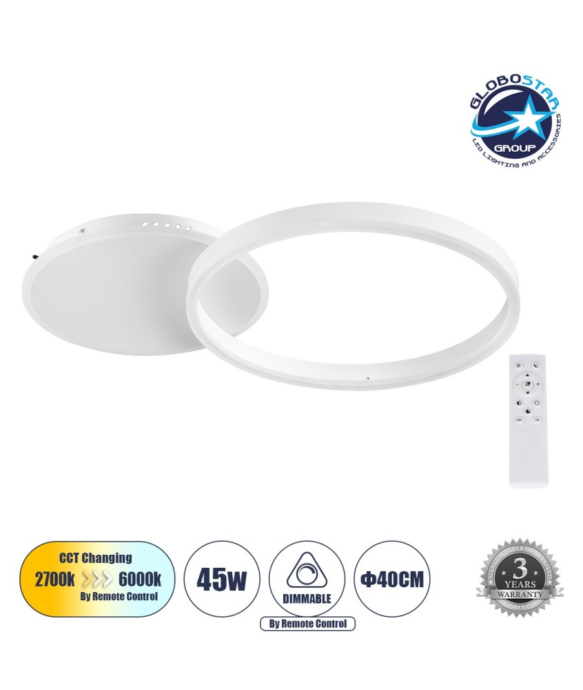 GLOBOSTAR® VENOM 61118 Μοντέρνο Φωτιστικό Οροφής LED 45W 5445lm 360° AC 220-240V IP20 Ρυθμιζόμενο Λευκό CCT με Χειριστήριο από 2700K έως 6000K Dimmable - Lumileds SMD Chip - Λευκό Ματ - Μ60 x Π40 x Υ7.5cm - 3 Χρόνια Εγγύηση